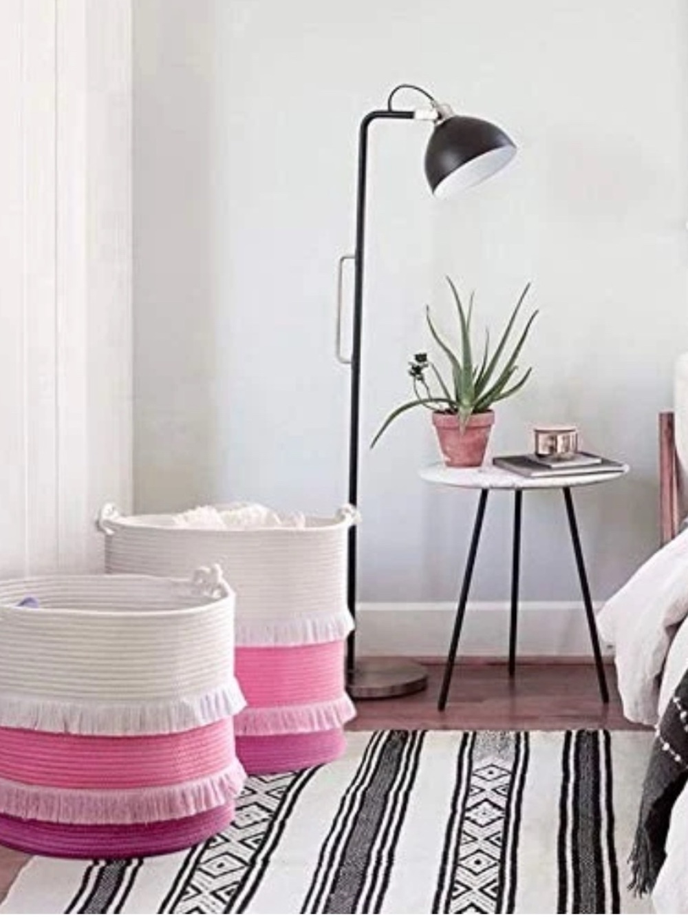 Pink & White Fringed Large Rope Basket - 16"x13" Decorative Woven Basket - Picture 7 of 11